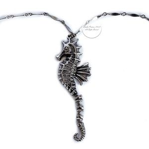 Vintage Tortolani Sea Horse Necklace Articulated 3.5in Pendant Silver Metal 70s